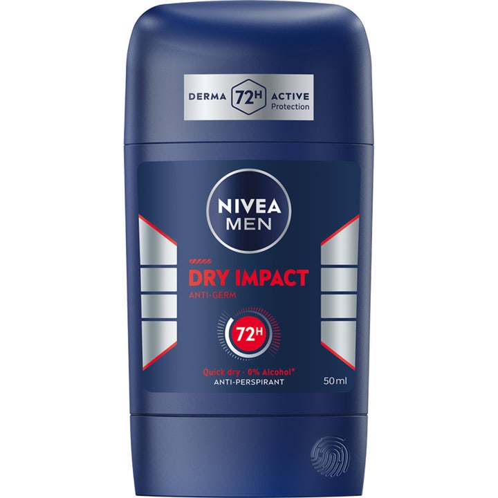 Nivea Men Dry Impact 50 ml deodorantstift gir 72 timers beskyttelse i en mørkeblå beholder med sølvdetaljer.