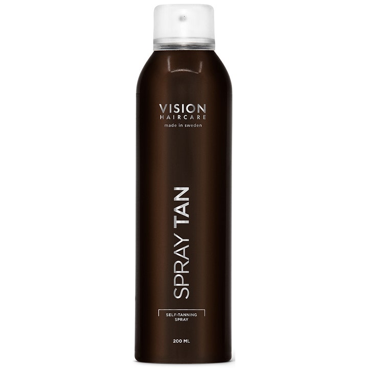 Vision Haircare Spray Tan 200 ml selvbruningsspray gir solkysset glød i mørkebrun sprayflaske med hvit kork.