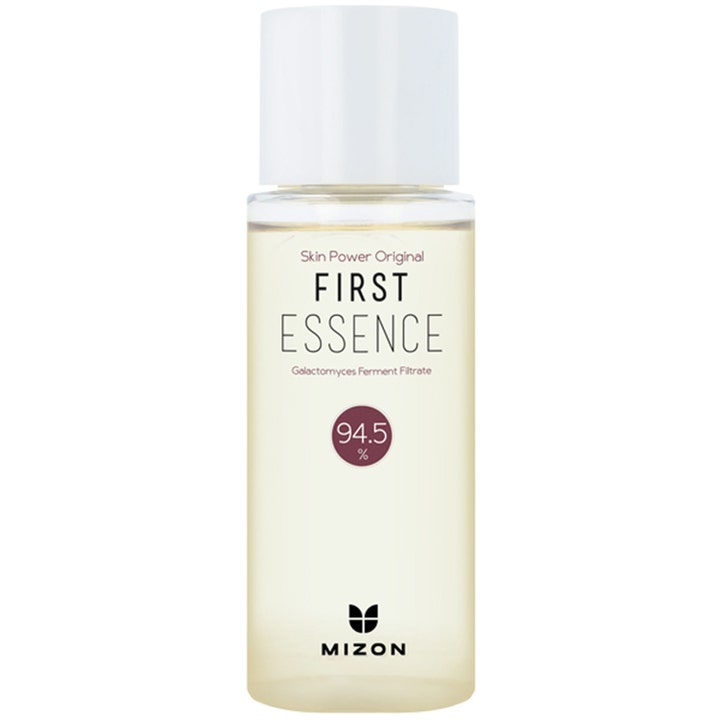Mizon Skin Power Original First Essence 80 ml i en klar flaske med hvitt lokk og Galactomyces