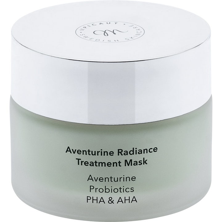 M Picaut Aventurine Radiance Treatment Mask gir glød med PHA og AHA i en frostet glasskrukke med sølvlokk.