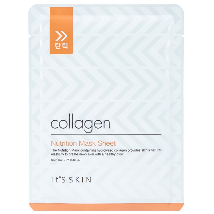 It'S SKIN Collagen Nutrition Mask Sheet 1 stk ansiktsmaske som gir glød i hvit sachet med oransje detaljer.