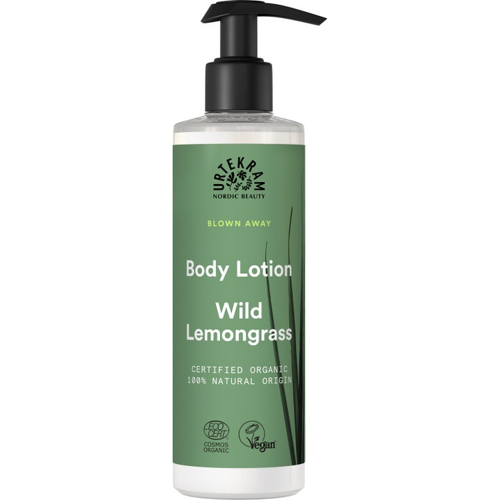 Urtekram Wild Lemongrass Body Lotion 245ml oppfriskende kroppslotion i gjennomsiktig pumpeflaske med grønn etikett