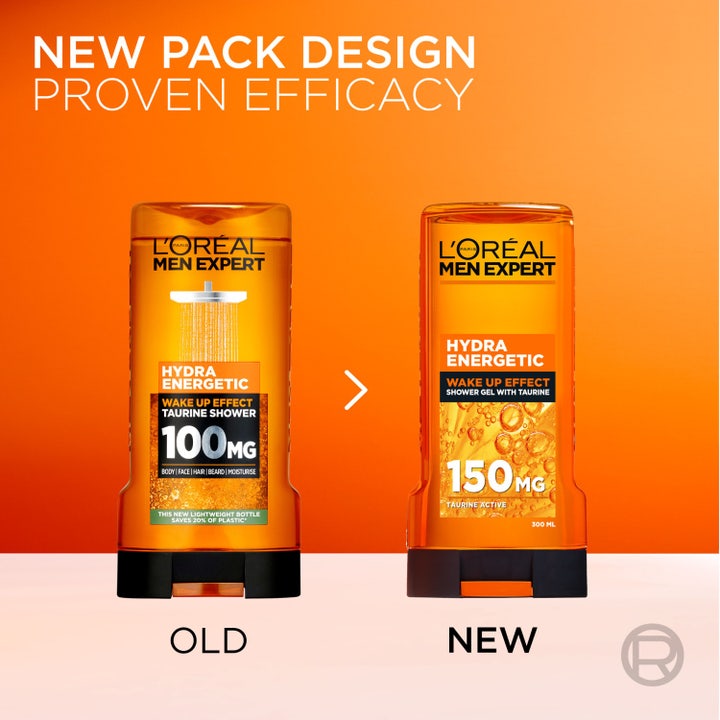 L'Oréal Paris Men Expert Hydra Energetic 300 ml oppfriskende dusjsåpe med en lys oransje og gjennomsiktig geltekstur