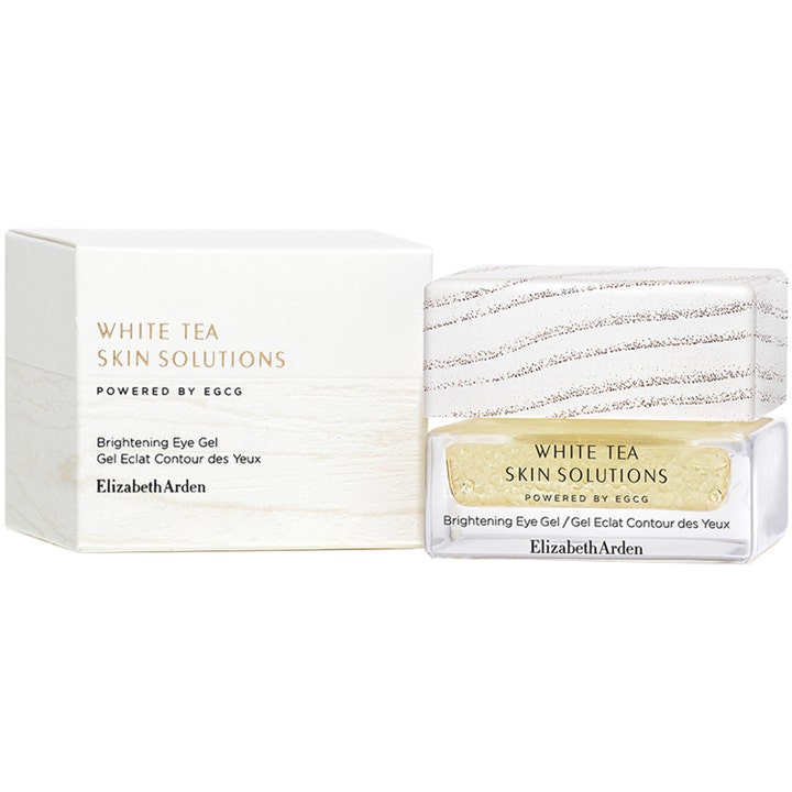 Elizabeth Arden White Tea Skin Brightening Eye Gel 15 ml mot mørke ringer i glasskrukke med mønstret hvitt lokk.