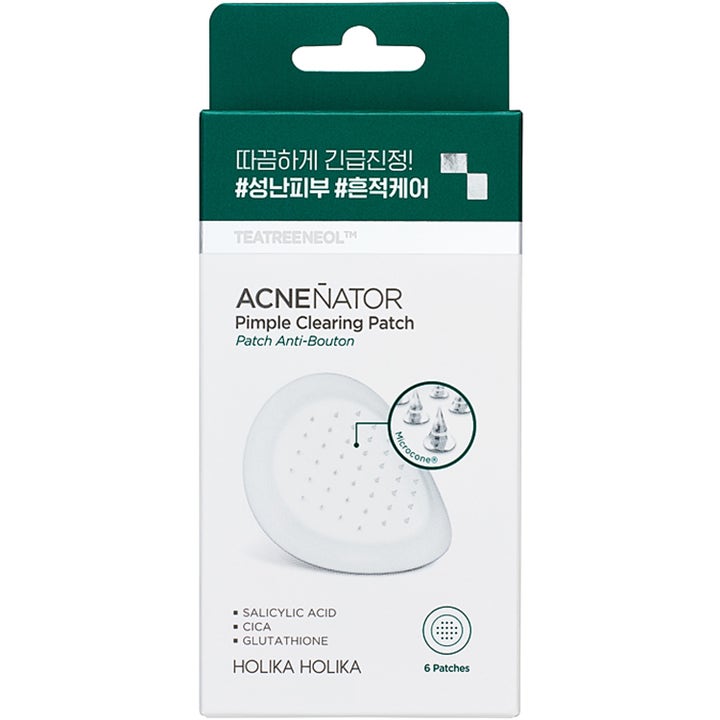Holika Holika Acneñator Pimple Clearing Patch 6 stk beroligende kviselapper i hvit og grønn eske med mikrokoner.