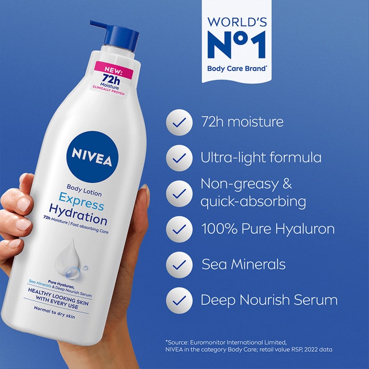 NIVEA Express Hydration Body Lotion 400 ml gir 72t fuktighet i hvit pumpeflaske med havmineraler