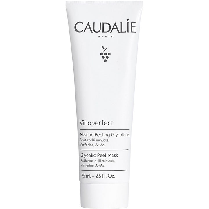 Caudalie Vinoperfect Glycolic Peel Mask 75 ml eksfolierende ansiktsmaske som gir glød i en hvit tube med sort skrift
