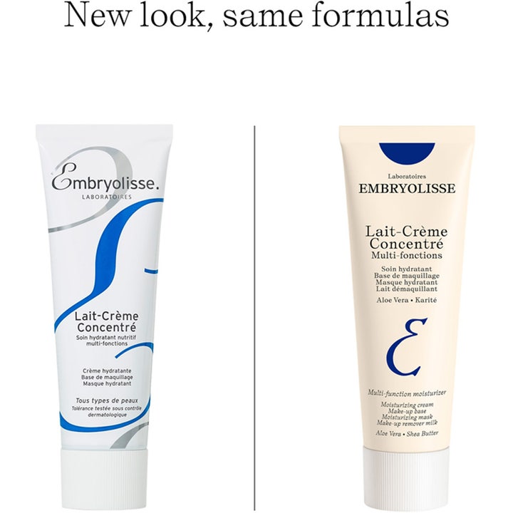 Embryolisse Lait Creme Concentre 75 ml fuktighetsgivende ansiktskrem i ny beige tube ved siden av gammel hvit design.