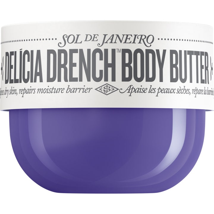Sol de Janeiro Delícia Drench Body Butter fuktighetsgivende kroppskrem i lilla krukke med hvitt lokk
