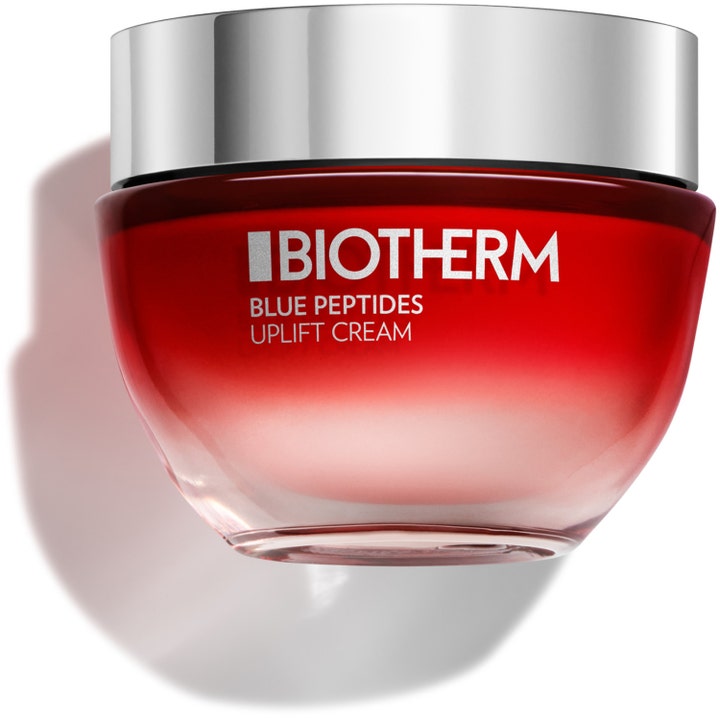Biotherm Blue Peptides Uplift Cream 50ml oppstrammende ansiktskrem i rød glasskrukke med sølvfarget lokk.
