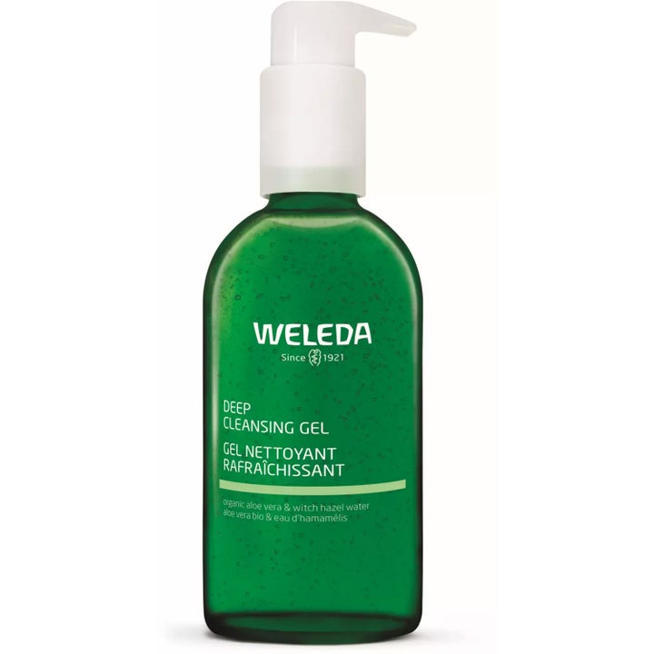 Weleda Deep Cleansing Gel 100 ml forfriskende ansiktsrens i grønn plastflaske med hvit pumpe og gel med bobler