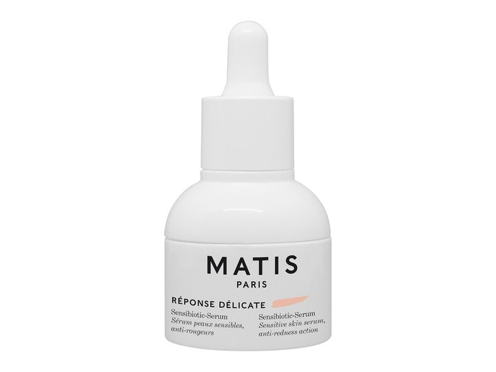 Matis Réponse Délicate Sensibiotic-Serum 30 ml beroligende ansiktsserum i hvit glassflaske med pipette som demper rødhet.