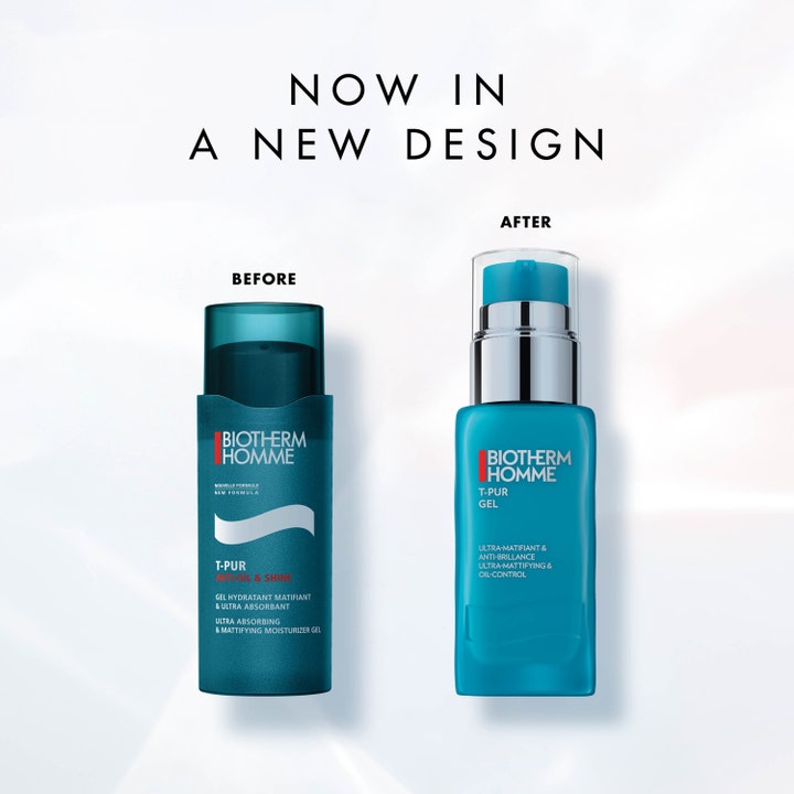 Biotherm Homme T-Pur Anti Oil & Shine Gel 50 ml mattende ansiktskrem i nytt design med blå pumpeflaske og sølvdetaljer.