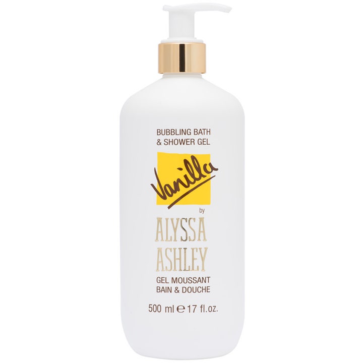 Alyssa Ashley Vanilla Bubbling Bath & Shower Gel 500 ml velduftende dusjsåpe i hvit flaske med gullfarget pumpe