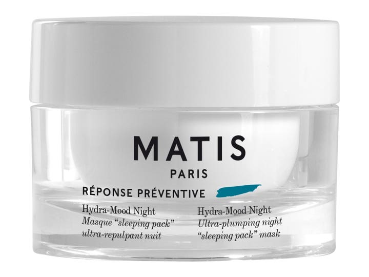 Matis Hydra-Mood Night plumpende nattmaske i hvit krukke med klart glass og hvitt lokk som gir fuktighet