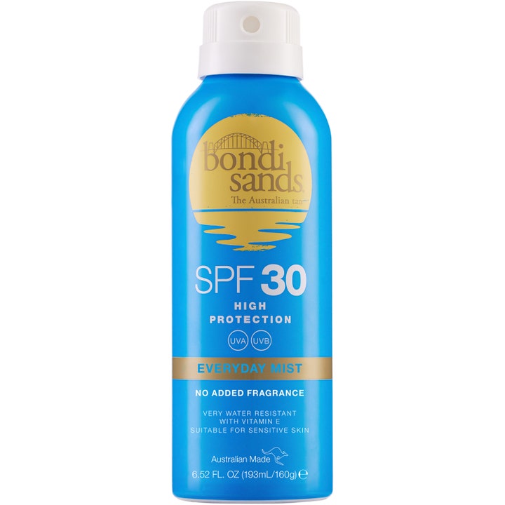 Bondi Sands SPF 30 Everyday Mist 193ml solkrem på sprayflaske i blått og gull som gir høy beskyttelse.