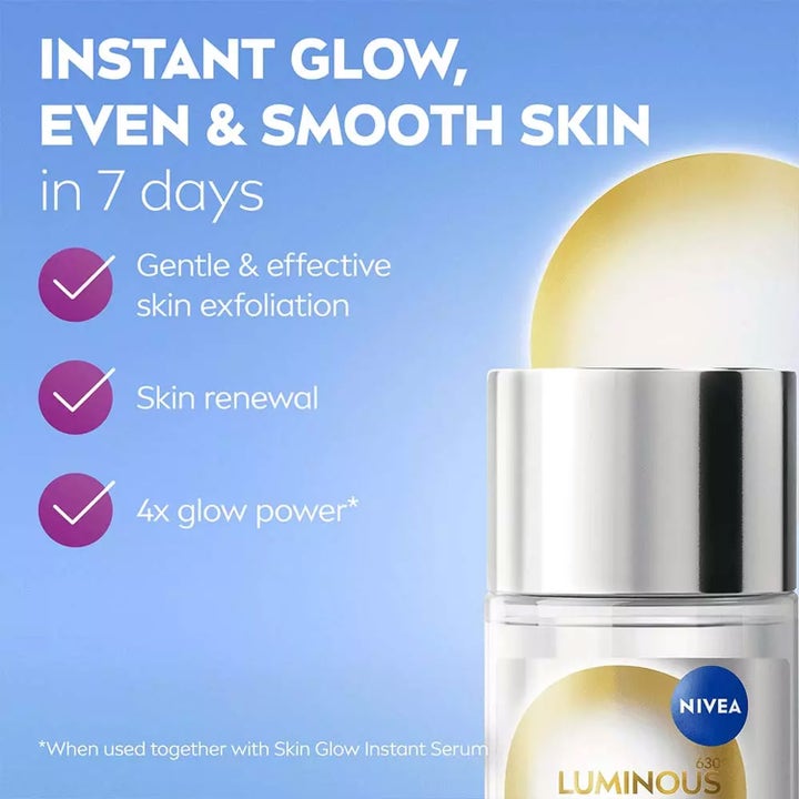 NIVEA Exfoliator Luminous630 Skin Glow Daily Liquid 100 ml gir glød og hudfornyelse vist med sølvkork og infografikk