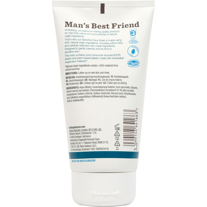 Bulldog Sensitive Face Wash 150 ml parfymefri ansiktsrens på hvit tube med ingrediensliste og vegansk logo