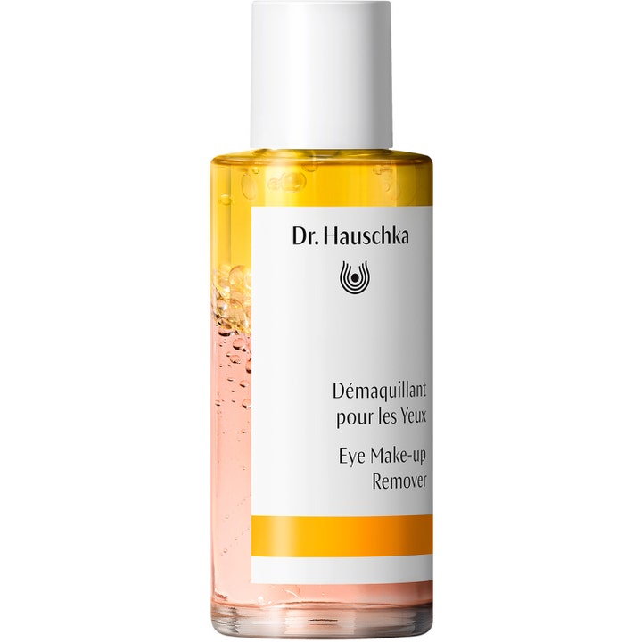 Dr. Hauschka Eye Make-up Remover 75ml skånsom sminkefjerner med to-faset rosa og gul væske i glassflaske