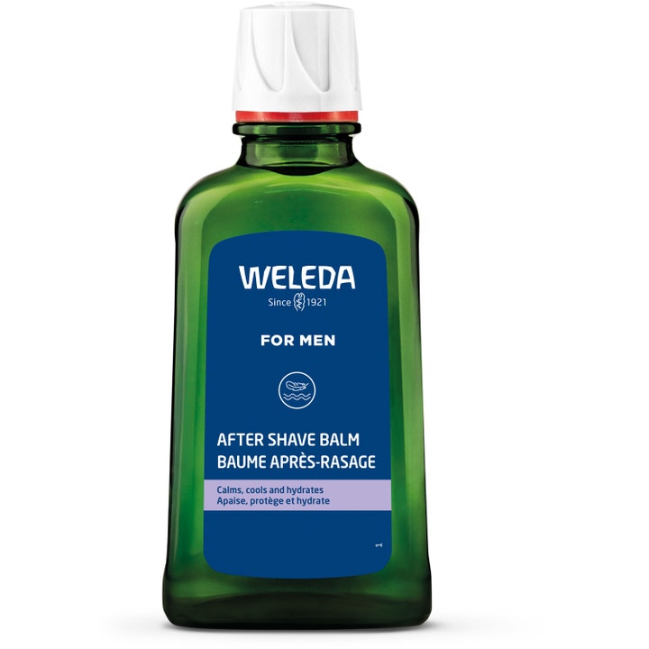 Weleda For Men After Shave Balm 100ml beroligende etterbarberingskrem i grønn glassflaske med hvit kork og blå etikett
