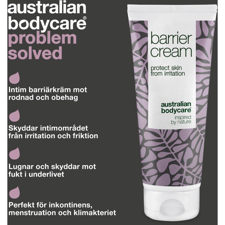 Australian Bodycare Barrier Cream 100 ml intimkrem beskytter mot irritasjon vist med lilla mønstret tube og infografikk