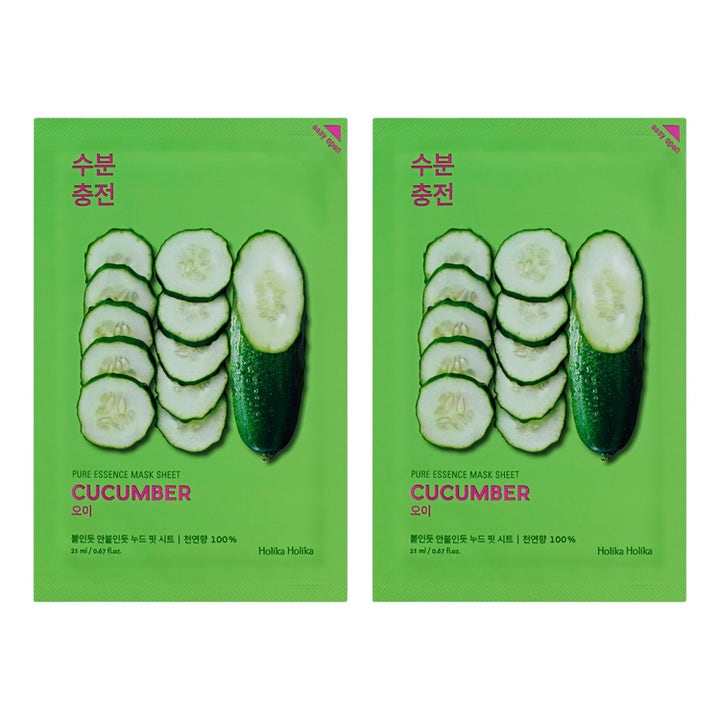 Holika Holika Pure Essence Mask Sheet Cucumber 20 ml fuktighetsgivende arkmaske i to grønne poser med fersk agurk.