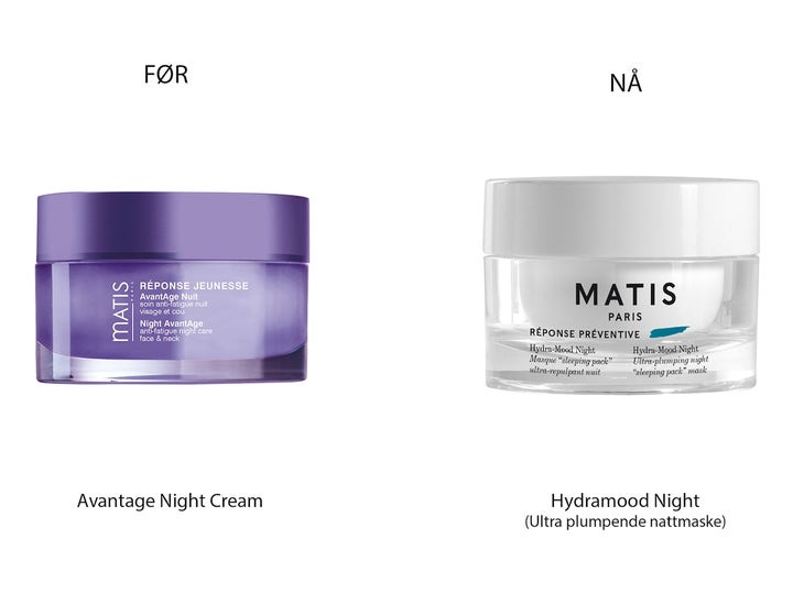 Matis Hydramood Night 50 ml nattkrem viser ny hvit design sammenlignet med den tidligere lilla krukken.