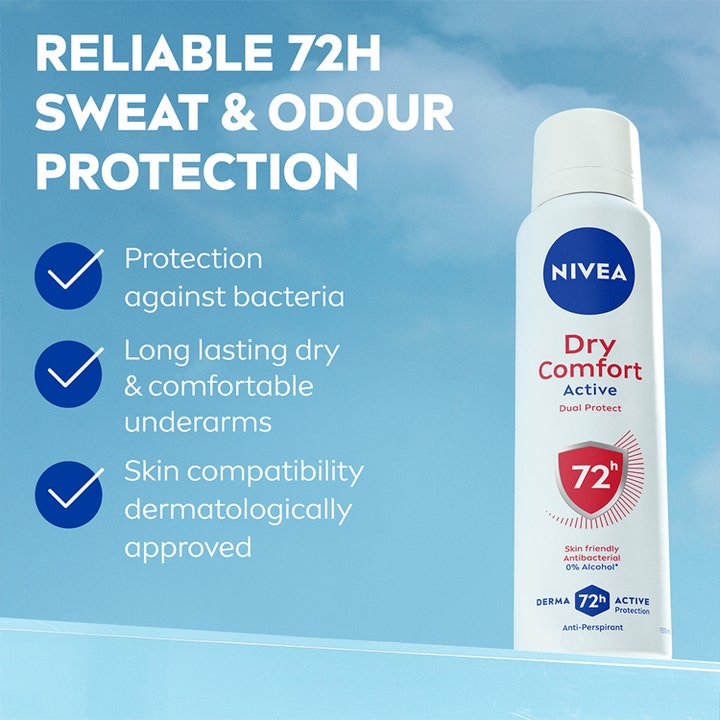 NIVEA Dry Comfort Spray Deospray 150 ml hvit deodorantflaske som gir 72 timers beskyttelse mot en blå himmel