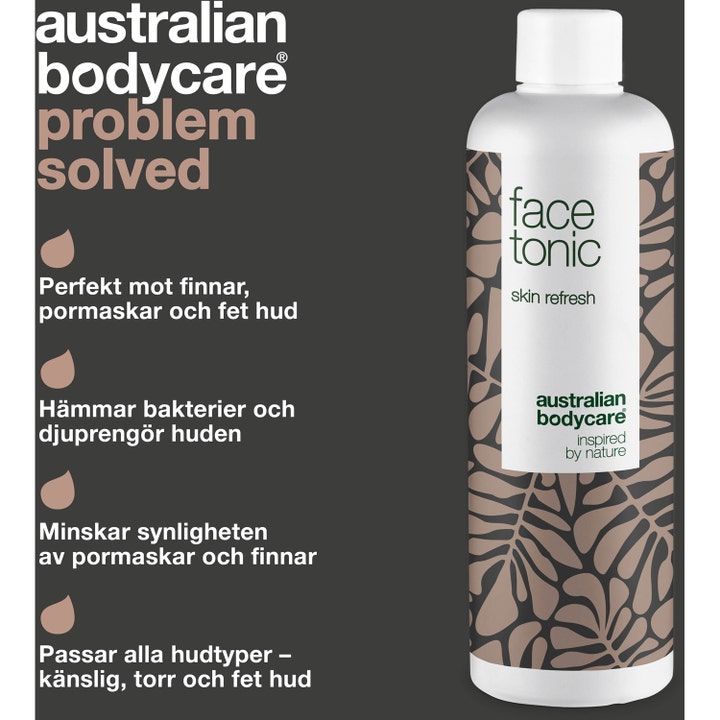 Australian Bodycare Face Tonic 150 ml toner mot uren hud i hvit plastflaske med brunt bladmønster og infotekst.