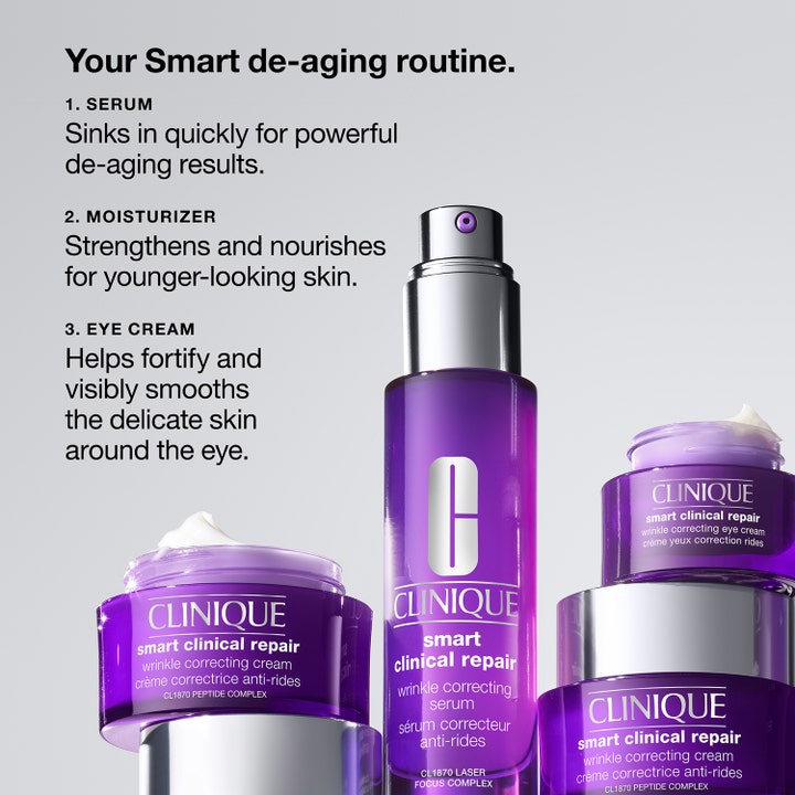 Clinique Smart Clinical Repair Wrinkle Correcting Serum 30 ml hudpleierutine i lilla krukker som reduserer rynker.