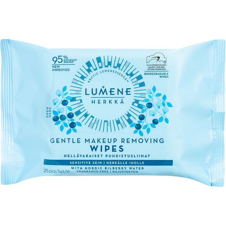 Lumene Herkkä Gentle Makeup Removing Wipes 25 stk skånsomme renseservietter i lyseblå innpakning med blåbærmotiv