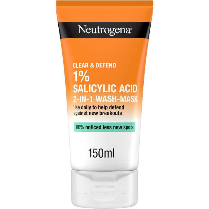 Neutrogena Clear & Defend 150 ml 2-in-1 Wash-Mask motvirker urenheter i en oransje og hvit tube med hvit kork