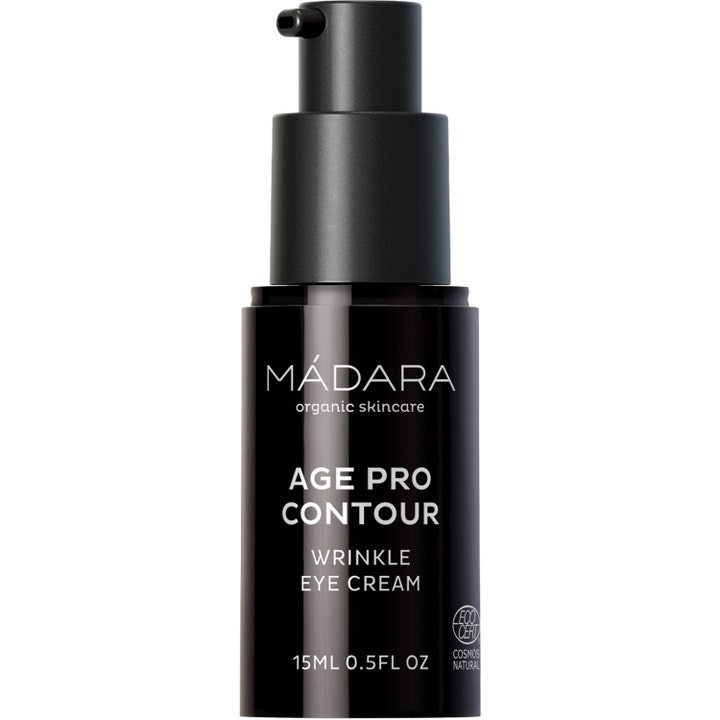 Mádara Age Pro Contour Wrinkle Eye Cream 15 ml øyekrem mot rynker i en elegant sort flaske med praktisk pumpe