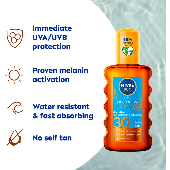 NIVEA Sun Protect & Bronze Oil 200 ml vannfast sololje i oransje sprayflaske som gir naturlig brunfarge med SPF 30