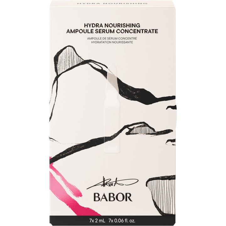 Babor Hydra Nourishing Ampoule Serum Concentrate 7x 2 ml fuktighetsgivende serum i hvit eske med svarte og rosa detaljer