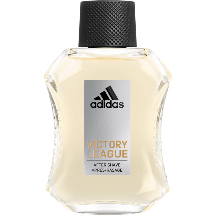 Adidas Victory League after shave i en ergonomisk glassflaske med svart teksturert kork og sølvfarget etikett