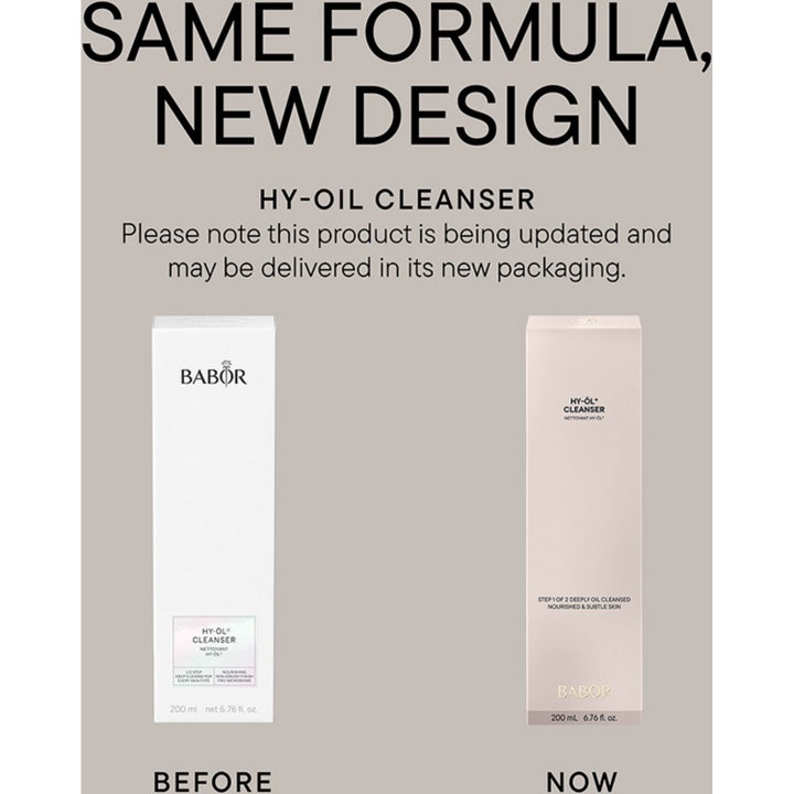 Babor HY-Öl Cleanser 200 ml ansiktsrens viser overgangen fra gammelt til nytt design med hvit pumpe.
