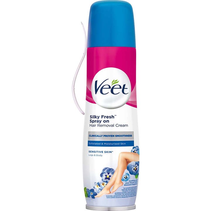 Veet Silky Fresh Spray on Hair Removal Cream 150 ml for ben og kropp i hvit sprayflaske med blå kork.