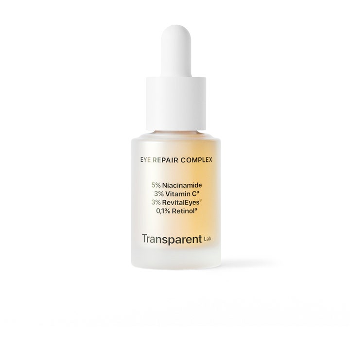 Transparent Lab Eye Repair Complex 15ml øyeserum med retinol i frostet glassflaske og hvit pipette.