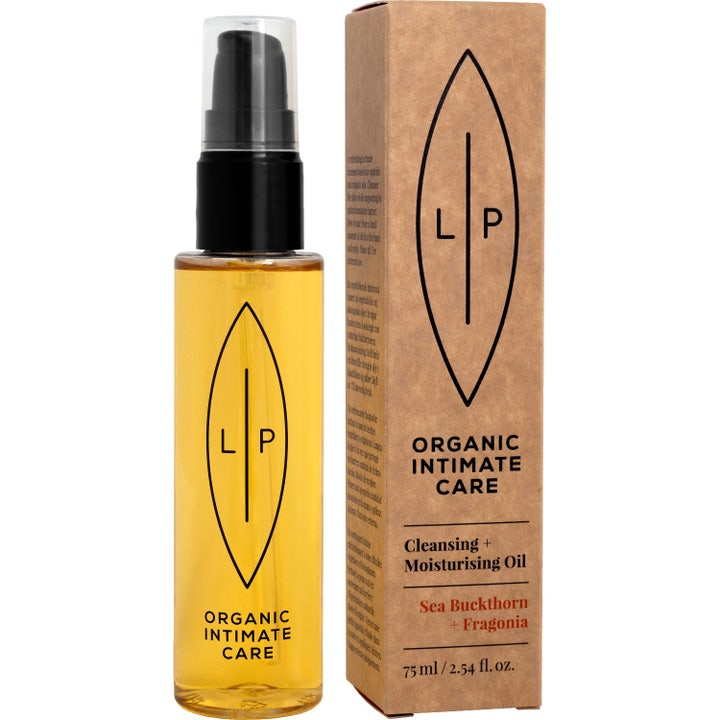 Lip Intimate Care Cleansing + Moisturising Oil 75 ml pleiende intimolje med gyllen væske og brun pappeske