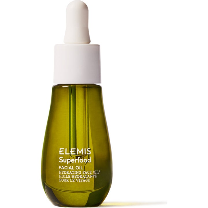 Elemis Superfood Facial Oil 15 ml nærende ansiktsolje som gir glød i grønn glassflaske med hvit pipette