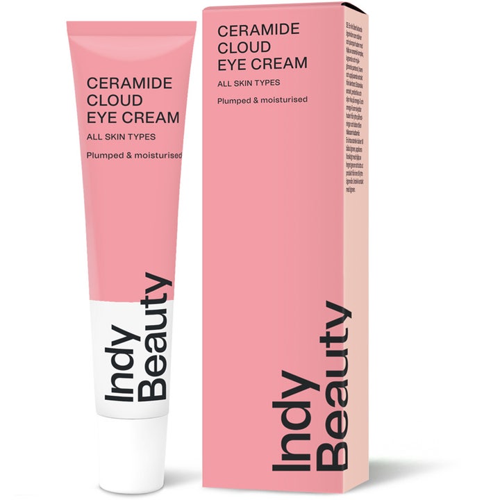 Indy Beauty Ceramide Cloud Eye Cream 15 ml fuktighetsgivende øyekrem i rosa og hvit tube og eske