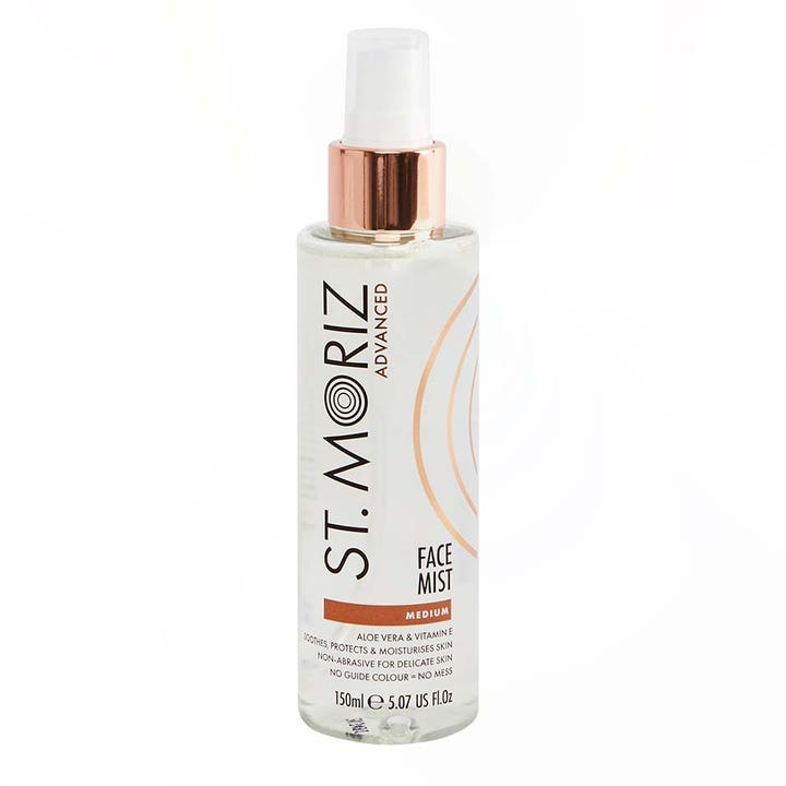 St. Moriz Advanced Face Mist 150ml selvbruning med aloe vera i gjennomsiktig sprayflaske med rosegull-kork