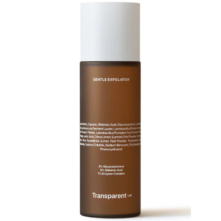 Transparent Lab Gentle Exfoliator eksfolierende ansiktsbehandling i brun flaske med hvit kork som fornyer huden