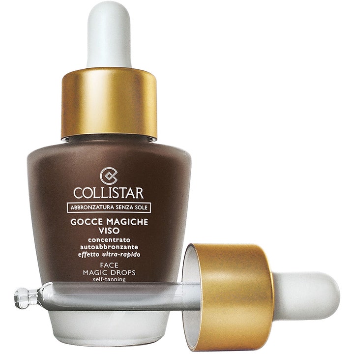 Collistar Face Magic Drops 30ml selvbruning gir solkysset glød i mørk glassflaske med gullkork og pipette