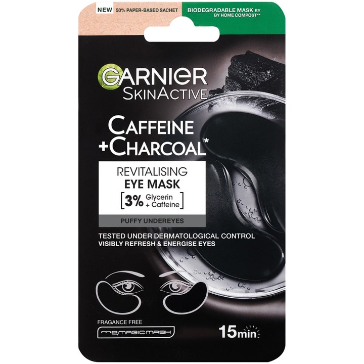 Garnier SkinActive Caffeine + Charcoal Revitalising Eye Mask oppfriskende øyemaske i svart pose med kull.