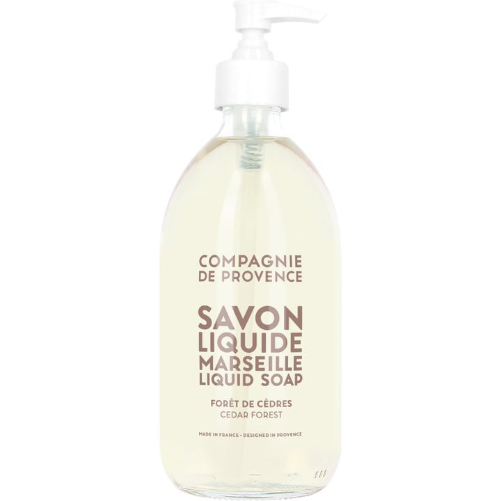 Compagnie de Provence Savon Liquide Marseille Cedar Forest 500ml flytende såpe i klar flaske med hvit pumpe