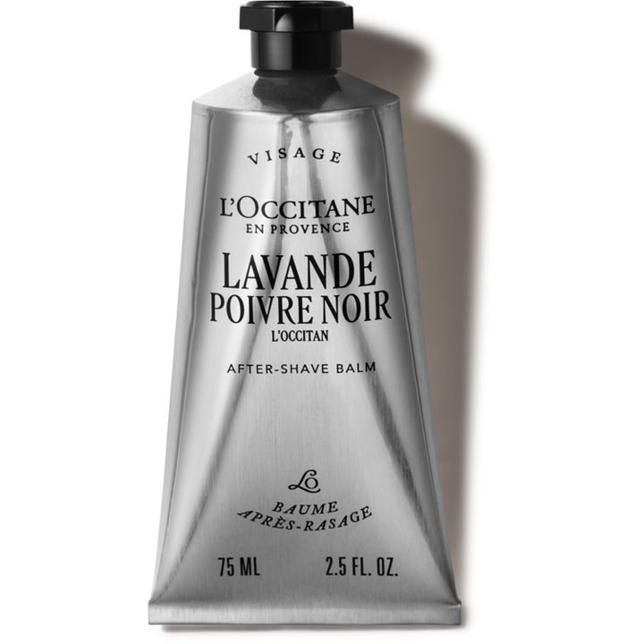 L'Occitane Lavande Poivre Noir 75 ml aftershave balm som pleier huden i en sølvfarget metalltube med sort kork