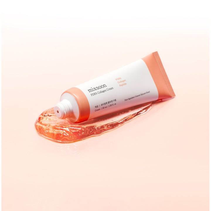 Mixsoon PDRN Collagen Cream 50 ml ansiktskrem i hvit tube med ferskenfarget geltekstur og kollagenpeptider.