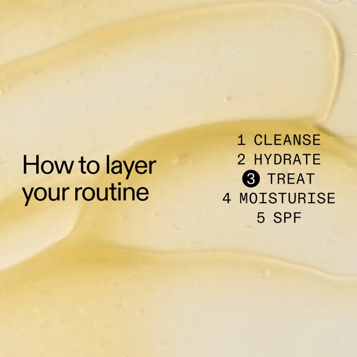 The INKEY List Tranexamic Acid Serum 30 ml behandlende serum vist som gul gel-tekstur med tekst om trinn 3 TREAT.